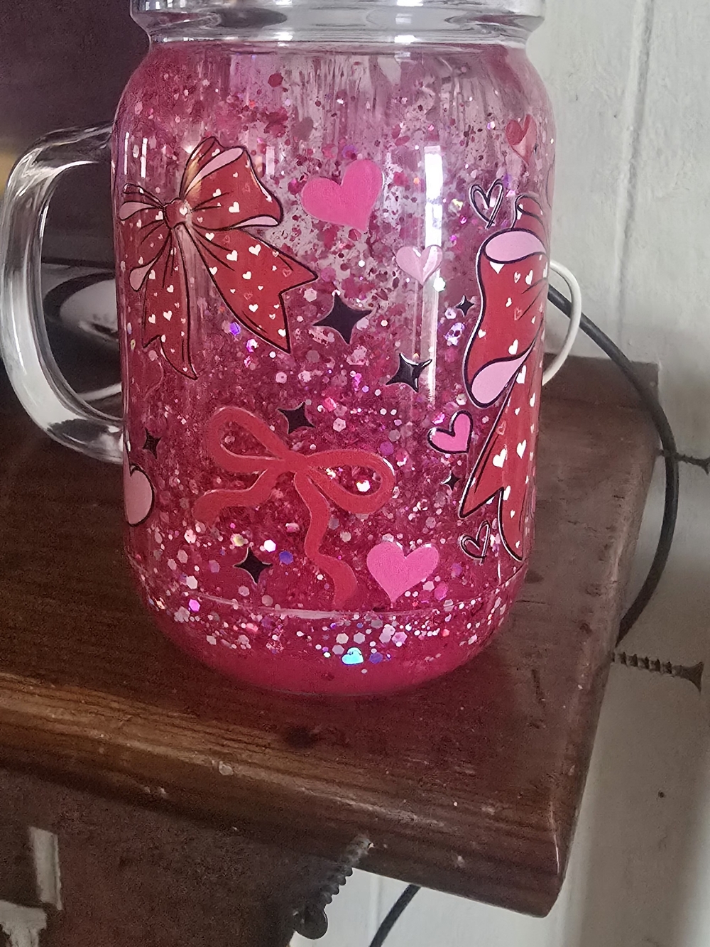Pink Lava And Glitter Heart Bow Mason Jar - Picture 2 of 3